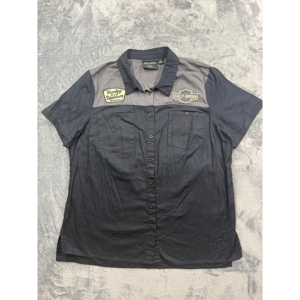 Harley Davidson Shirt women Button Up Two Tone Black Grey Embroidered Patches XL
